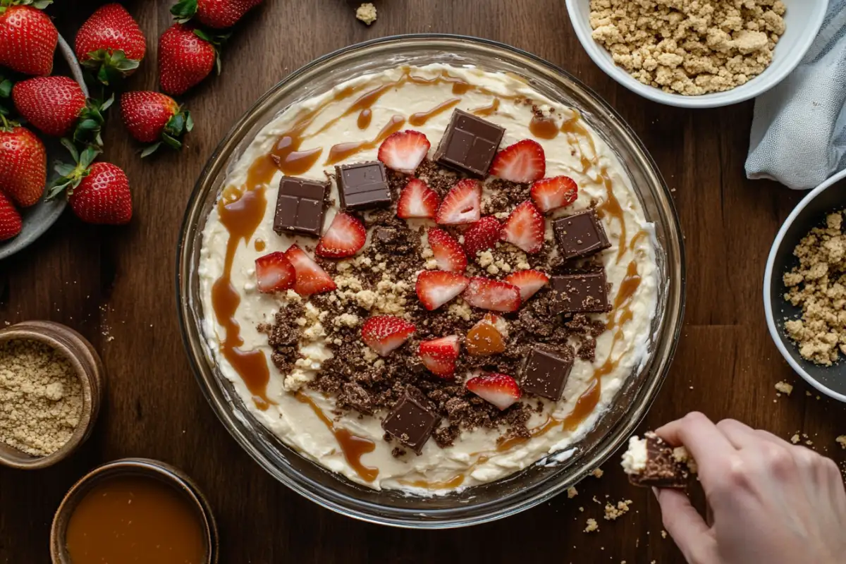 Assembling Strawberry Cheesecake Snickers in a baking dish