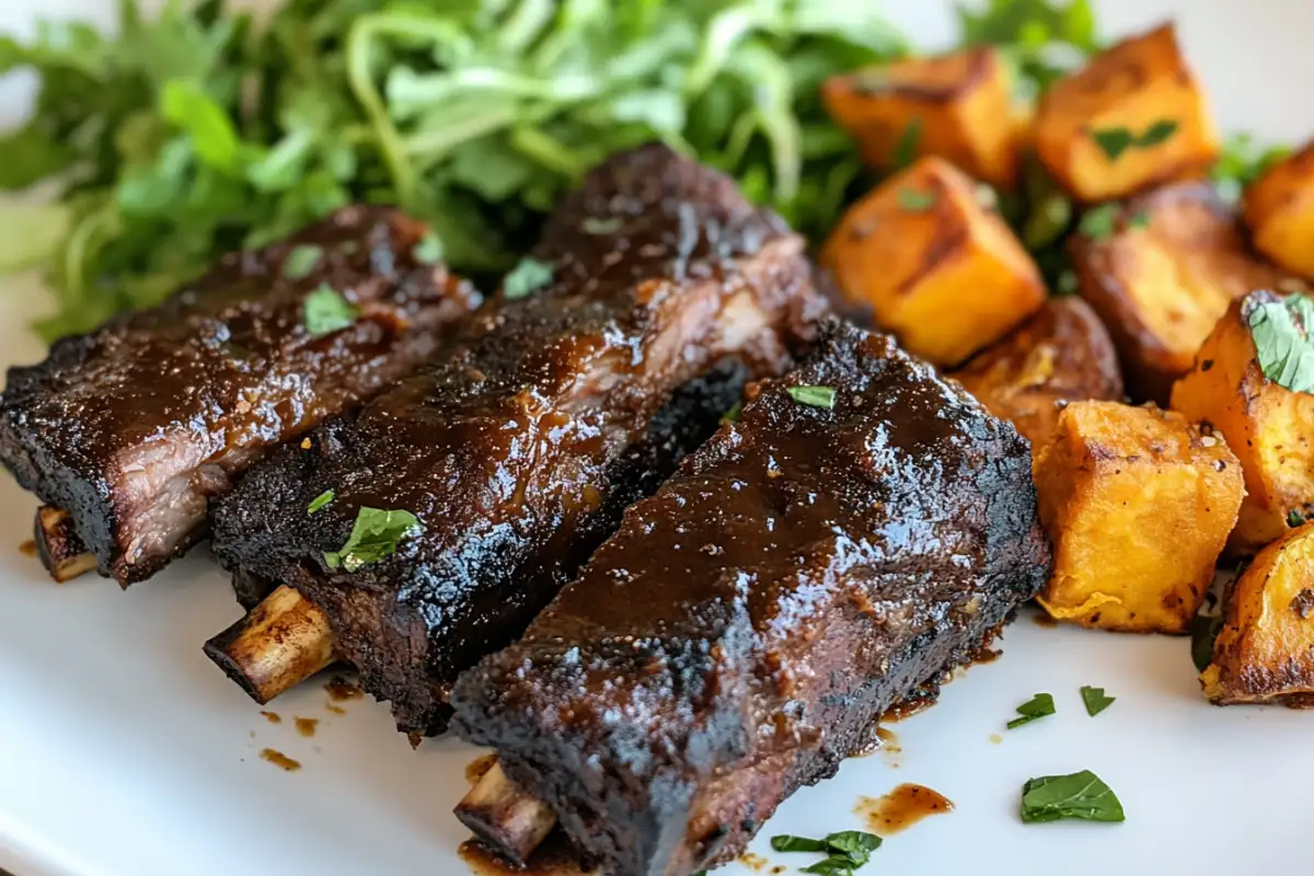 BBQ short ribs with crispy sweet potatoes and salad.