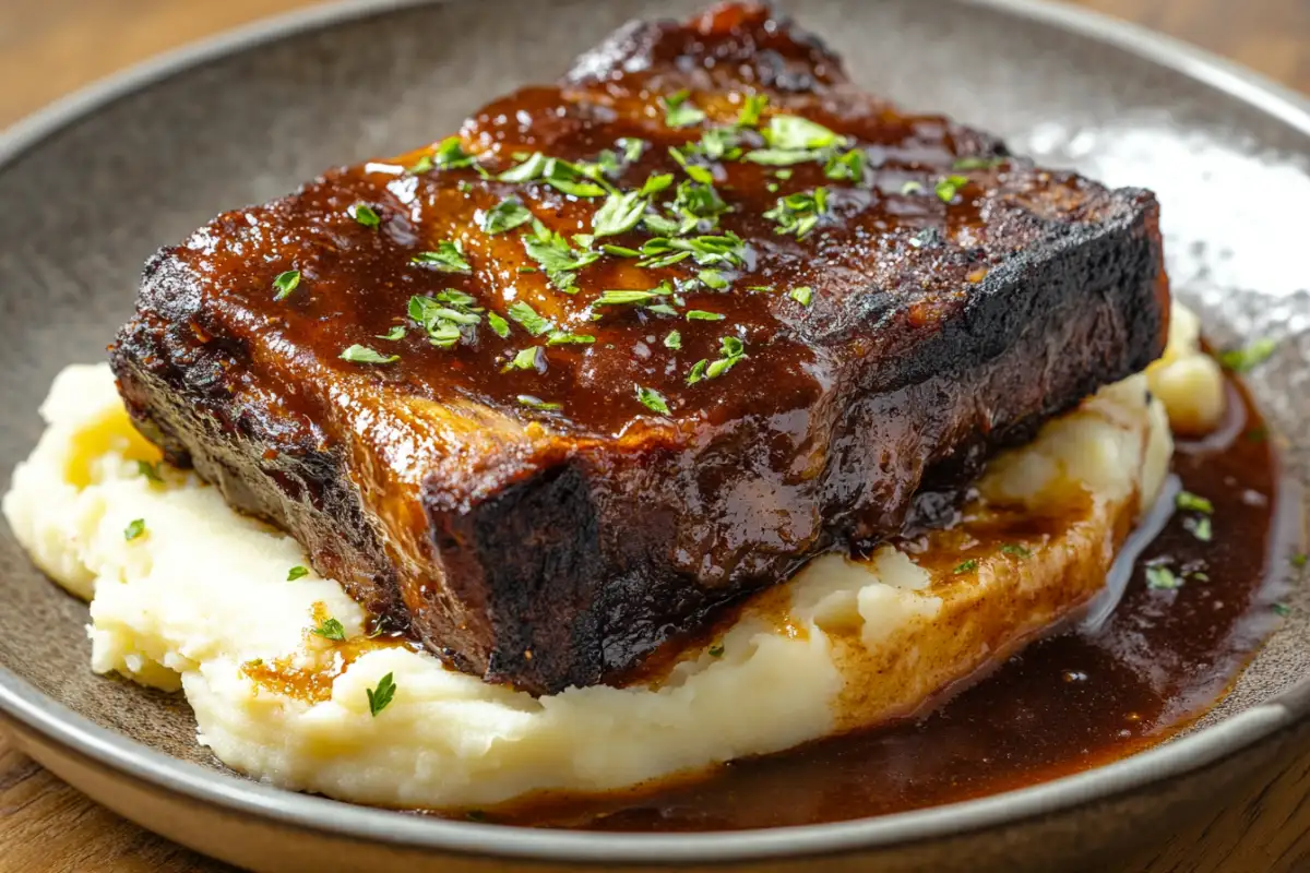 Braised short ribs with mashed potatoes and rich sauce.