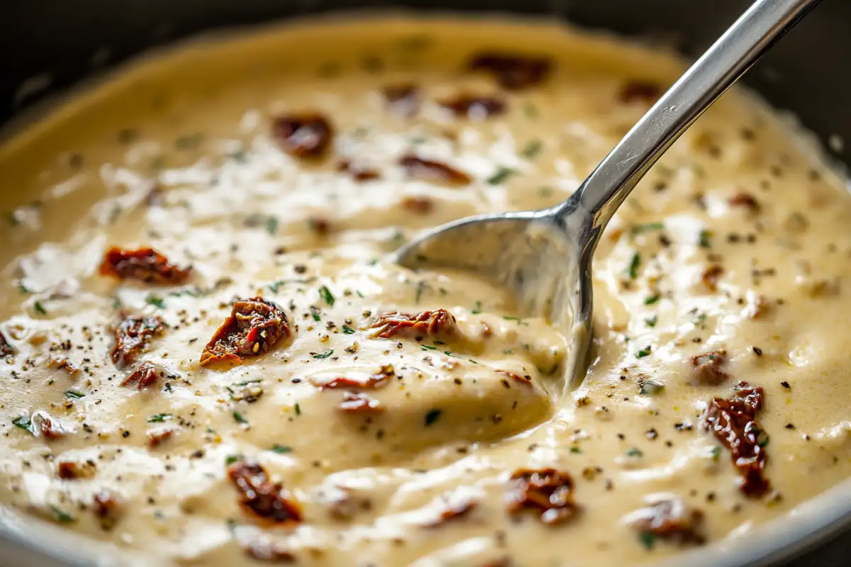 Close-up of creamy pasta sauce with sun-dried tomatoes