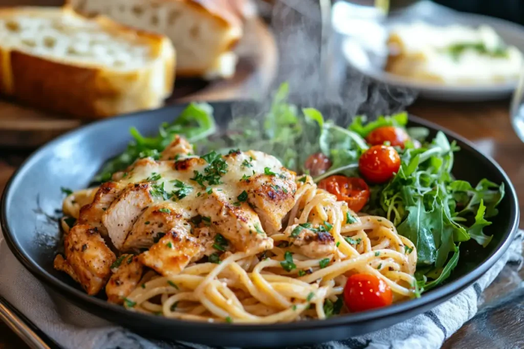 Table setting with Marry Me Chicken Pasta, garlic bread, and salad.