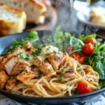 Table setting with Marry Me Chicken Pasta, garlic bread, and salad.