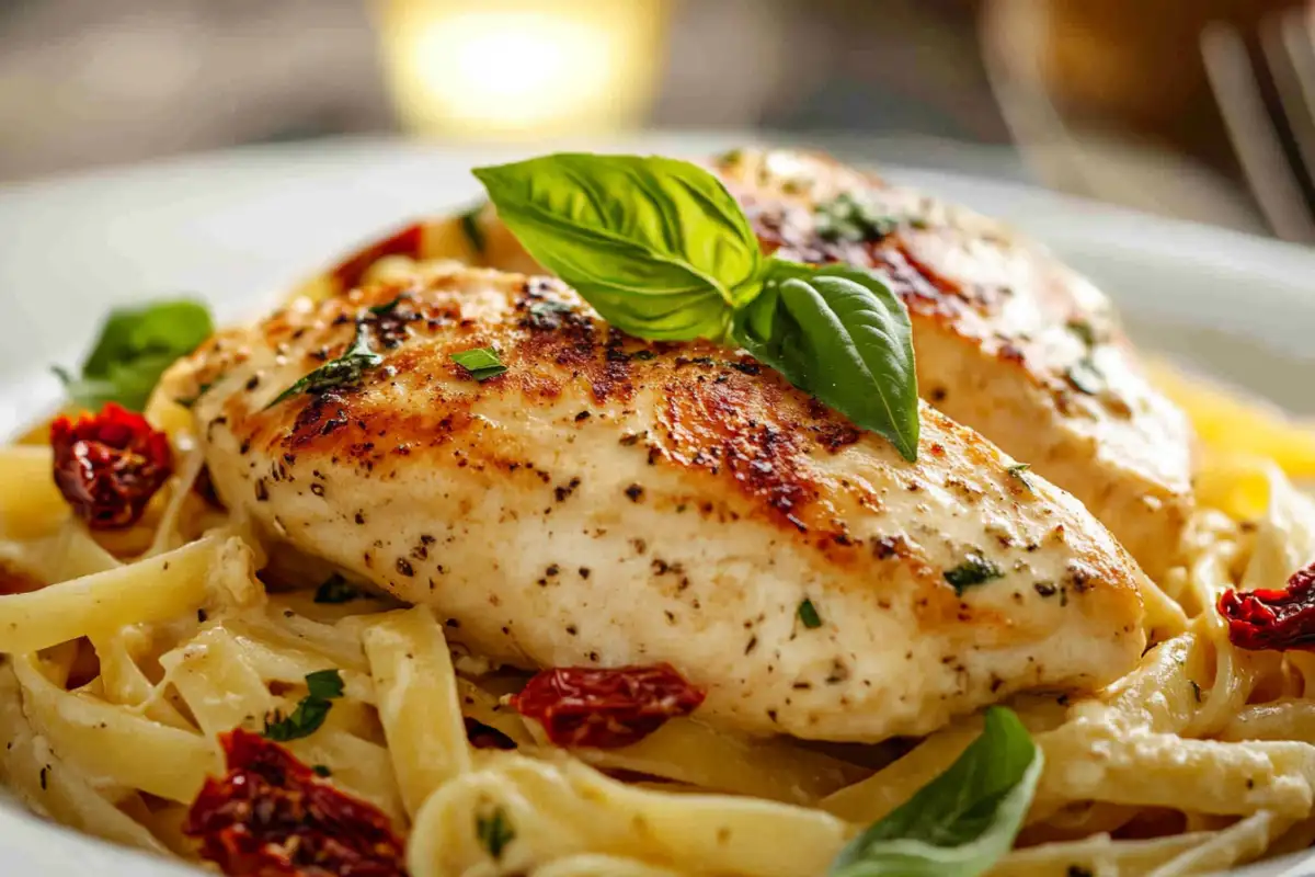 Marry Me Chicken Pasta plated with creamy sauce and fresh basil