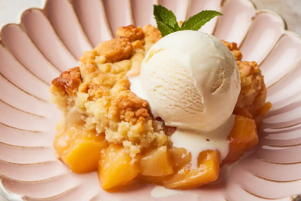 Golden brown peach cobbler made with canned peaches, ready to serve