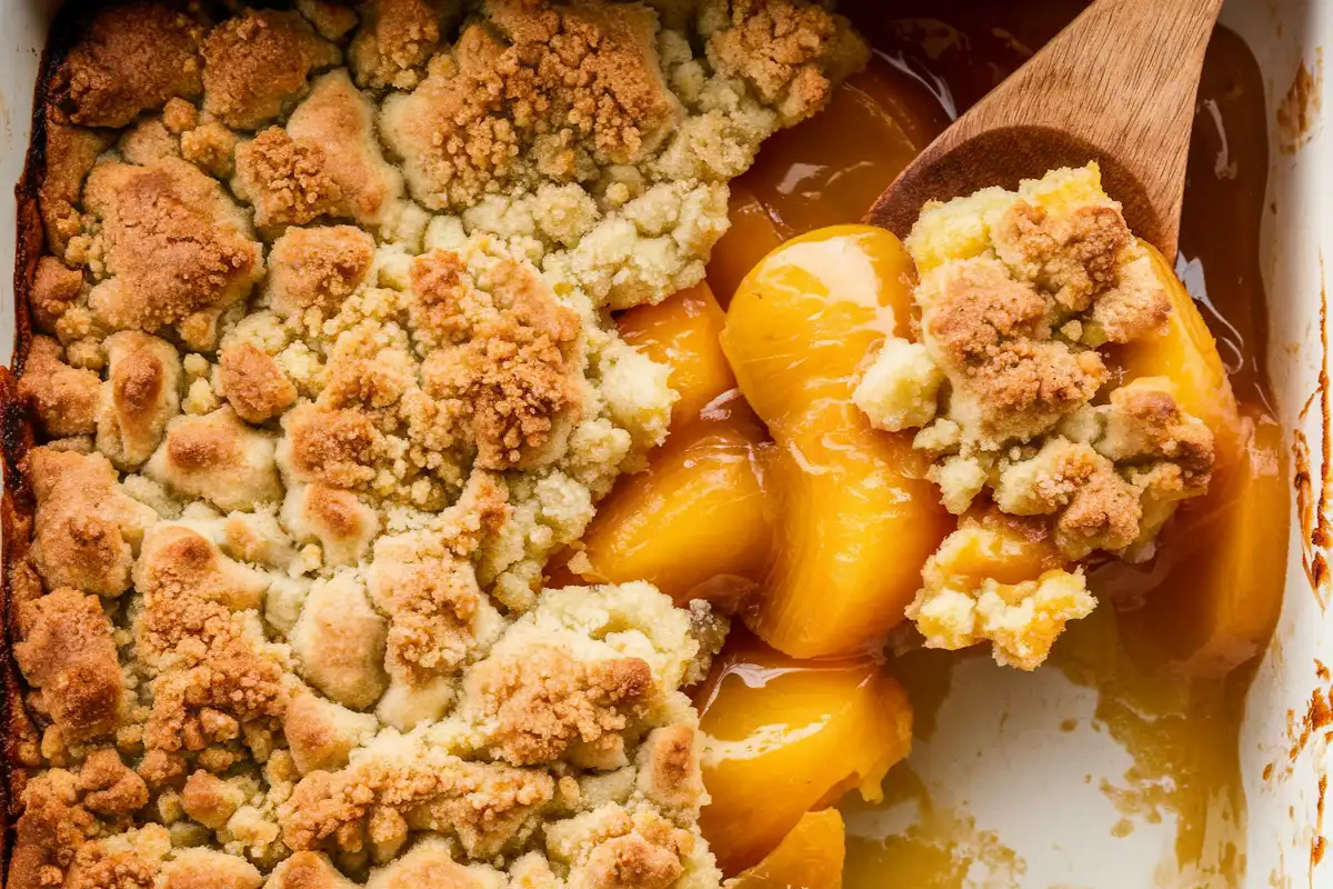 Freshly baked peach cobbler with canned peaches